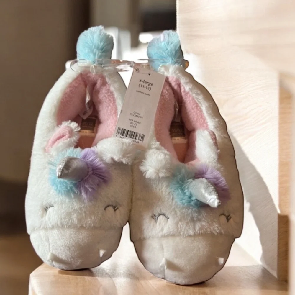 Carter's Unicorn Slippers XL‎ (11-12) Kids Plush Fuzzy White NWT